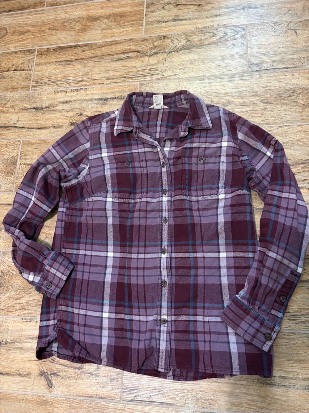 Duluth Trading Co Women's Burgundy and Lavender Plaid Button-Down Shirt